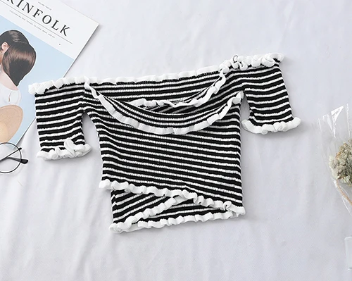 White stripe Сексуальный розовый укороченный Топ для женщин, белый, черный, Harajuku, с оборками, с вырезом лодочкой, короткий рукав, открытый пупок, футболка для девочек, топ, сорочка, femme - Цвет: White stripe