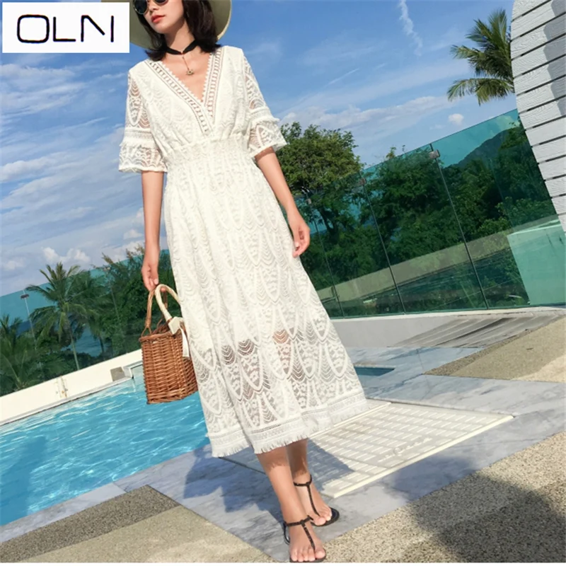 Корейское платье Новое поступление летнее oln кружевное ажурное с бахромой
