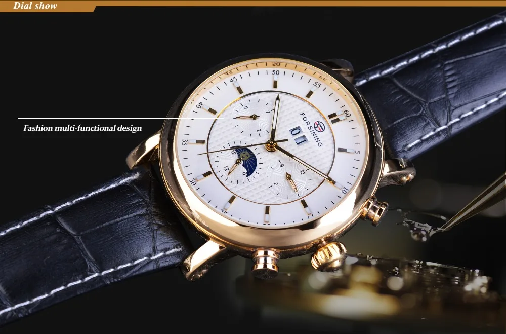 Forsining белый золотой Moon Phase дизайн календарь дисплей модные роскошные натуральная кожа мужские автоматические часы лучший бренд класса люкс