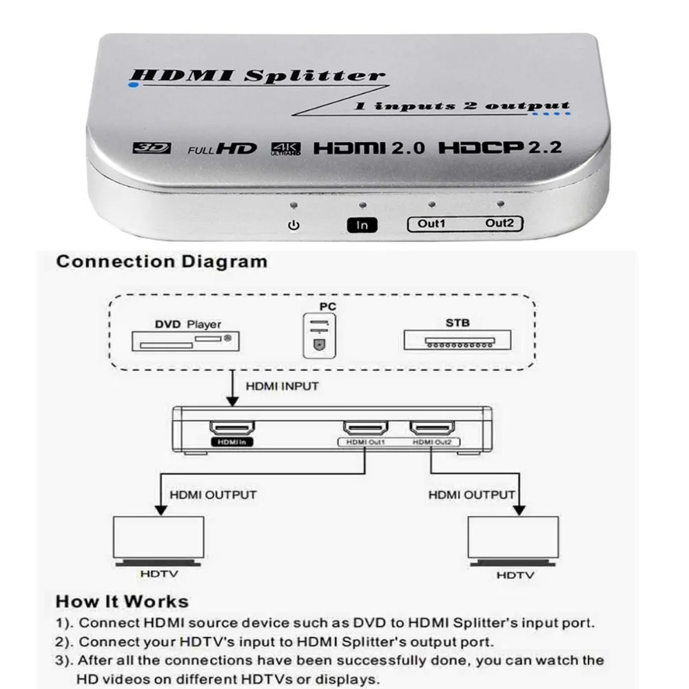 HDMI сплиттер 1X2 4Kx2K @ 60 Гц 1 вход 2 выхода Full HD 1080 p Поддержка HDCP 0 Видео Аудио конвертер