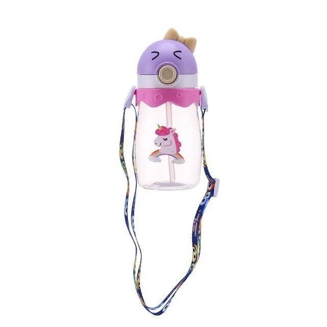 Детская пластиковая соломинка, бутылка для воды, веревка, портативная, для здоровья, милая, для детей, для питья, бутылка с мультяшной крышкой, для воды - Color: Pink