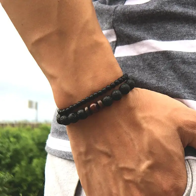 Red Tiger eye Noter, 2 шт., мужской браслет, набор, натуральная лава, обсидиан, тигровый глаз, Braslet, 4 мм, маленький браслет с бусинами для мужчин, аксессуары для кемпинга, ювелирные изделия - Окраска металла: Red Tiger eye