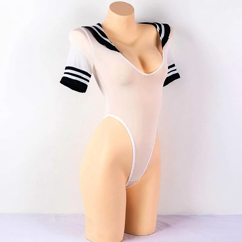 

Sexy Sheer Open Crotch Japanese Anime Schoolgirl Teddy Deep V Collar Thong Leotard Bodysuit Fancy Fetish Cosplay Costume