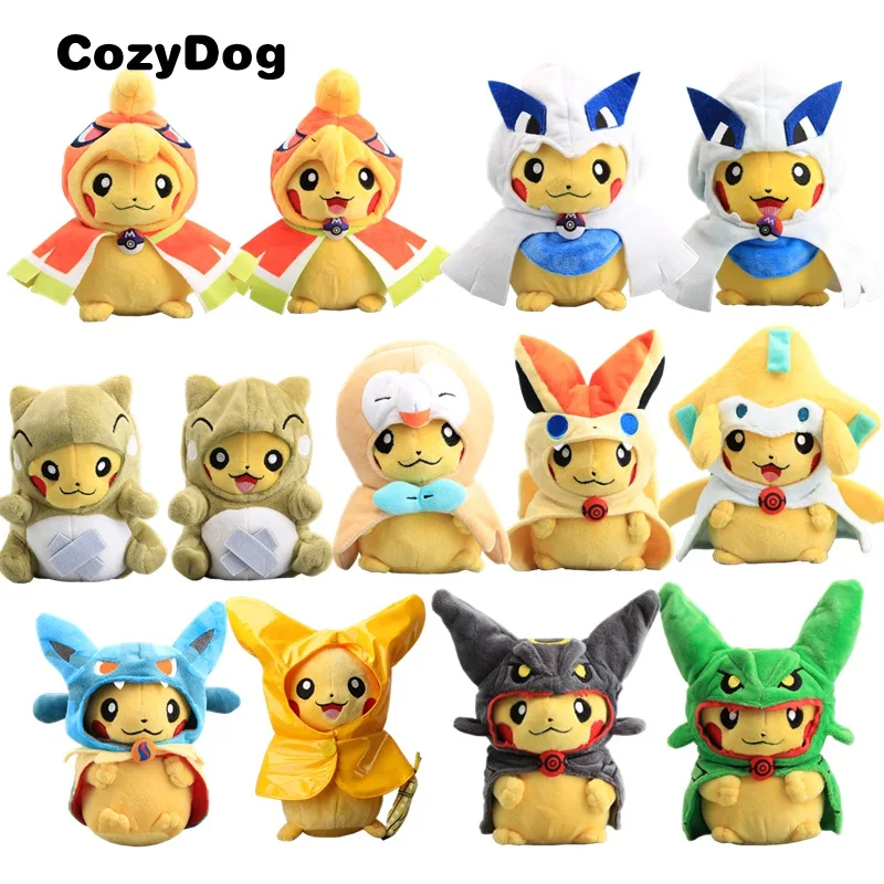 Костюм Пикачу пончо плюшевые куклы мягкие животные Мега Хо-о Lugia Lucario Rowlet Victini Rayquaza игрушки для детей Подарки