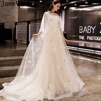 janevini puffy champagne bridesmaid dresses long with sleeves lace sweep train tulle ladies formal women wedding party dress
