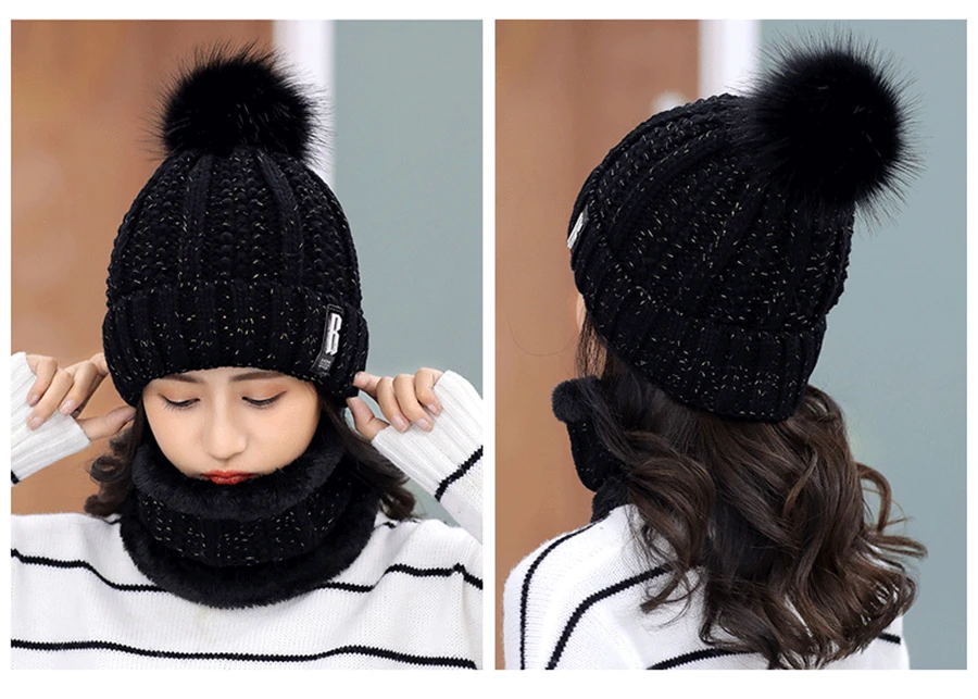 New Brand Winter knit Beanies Hat Women Thick Warm Beanie Skullies Hat Female Letters Bonnet Beanie Caps Outdoor Riding Sets Bib