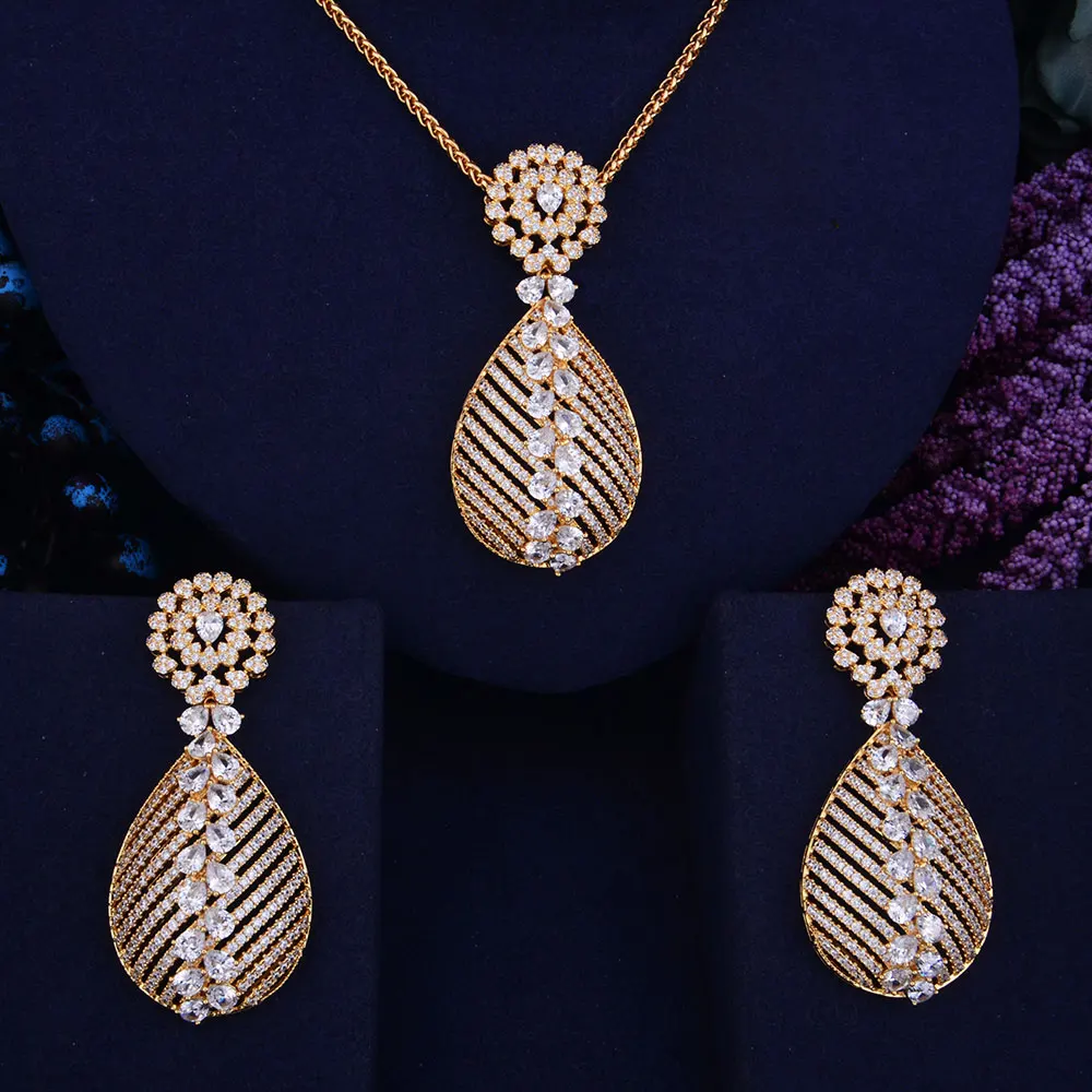 

GODKI Waterdrop Luxury Women Nigerian Wedding Naija Bride Cubic Zirconia Necklace Dubai 2PCS Wedding Jewelry Set