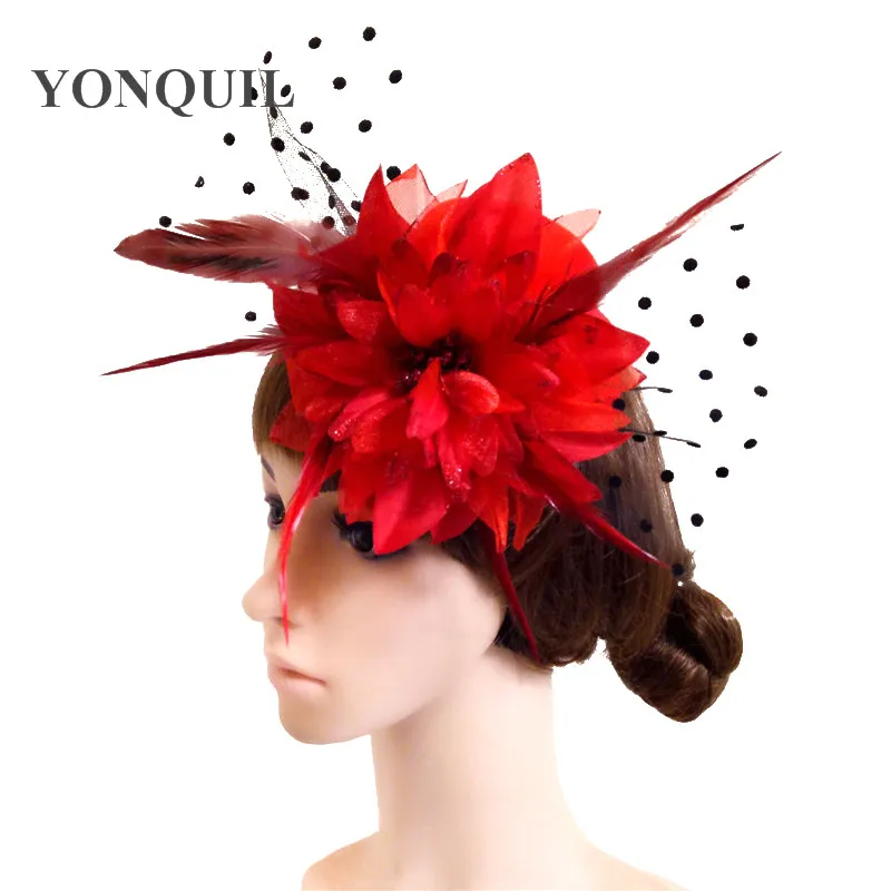 Women Girl Hair Clip Lace Feather Mini Top Hat Fascinators Fancy Party Dress Fabric Flower DIY Accessories 6 Colors FS81 | Свадьбы и