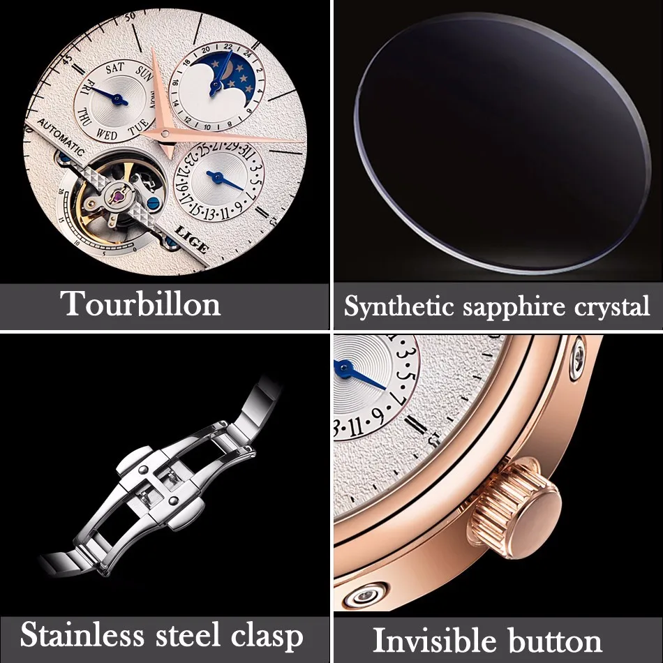 Relojes Hombre LIGE Брендовые мужские часы автоматические механические часы Tourbillon спортивные часы кожаные повседневные деловые наручные часы золотые