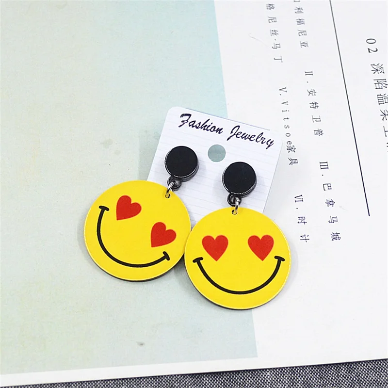 Женские длинные серьги смайлики простые геометрические круглые со смайликом в