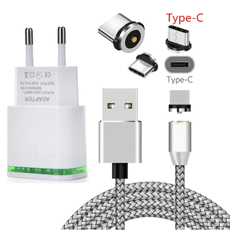 EU charger and cable Magnetic Type C Wire& LED Wall plug Charger Cable For Nokia 8.1 7.1 6.1 Plus Samsung S8 S9 S10 A90 A50 A20 Google Pixel 3 3a XL - Plug Type: EU charger and cable