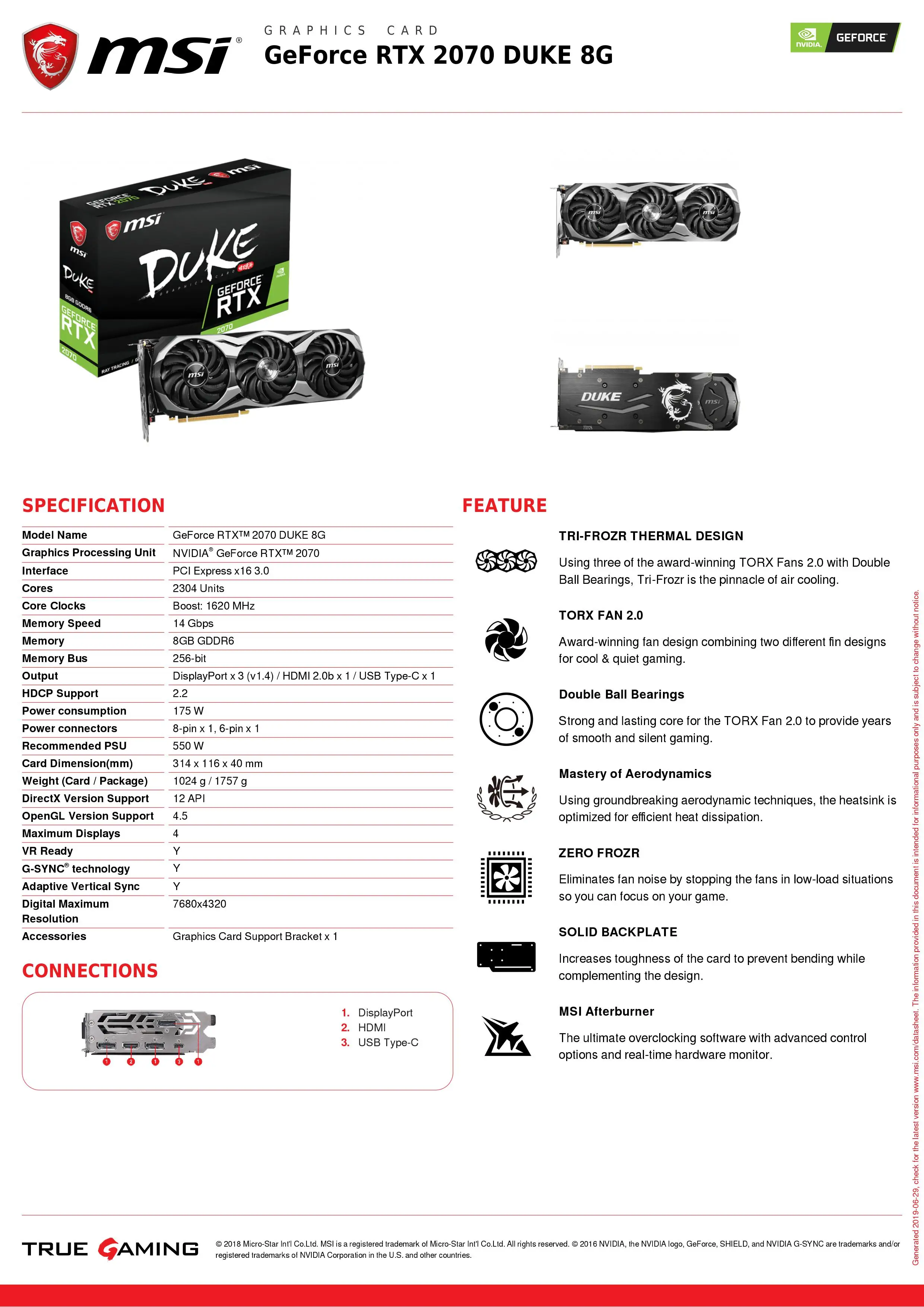 MSI плата видео GeForce RTX 2070 DUKE 8G GDDR6 1620 МГц 2304 единиц 256 бит 14 Гбит PCI Express x16 3 0 видокарта