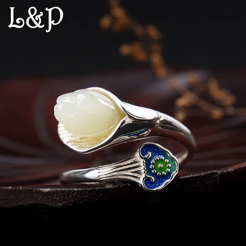 

L&P Gemstone 100% Silver Ring For Women Ethnic Style Cloisonn Magnolia Handmade Vintage 925 Sterling Ring Fine Jewelry Wholesale