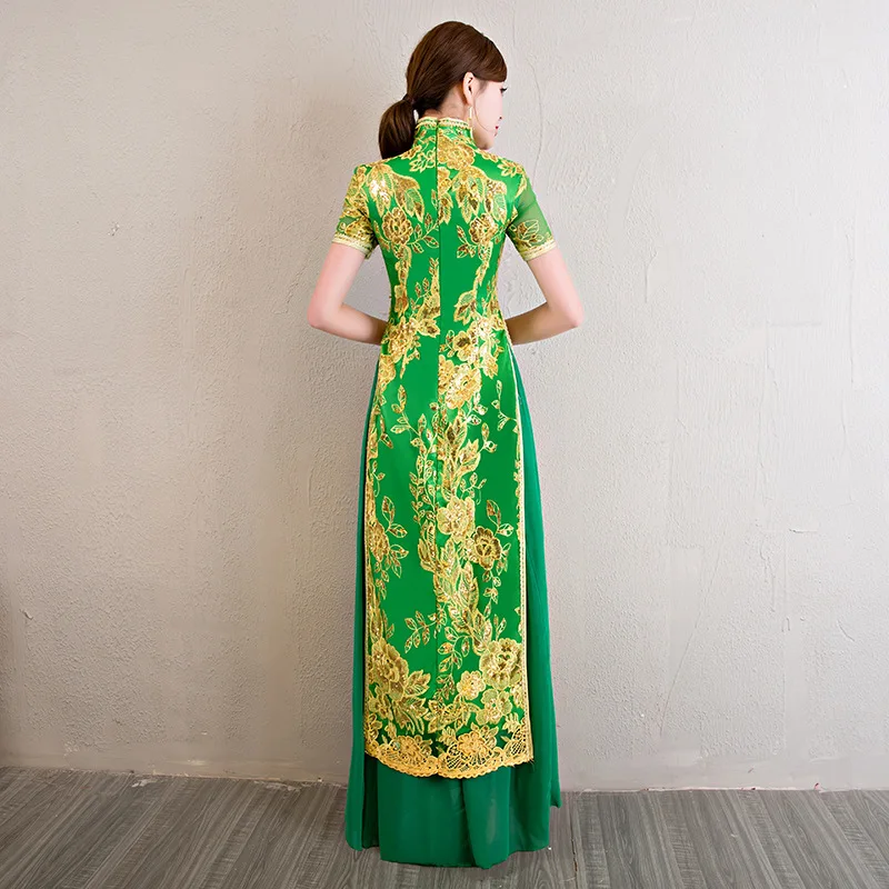 Большие размеры 3XL 4XL блестки китайский стиль сценическое шоу Qipao новое длинное тонкое Cheongsam винтажное Цветочное платье "аодай" Vestidos