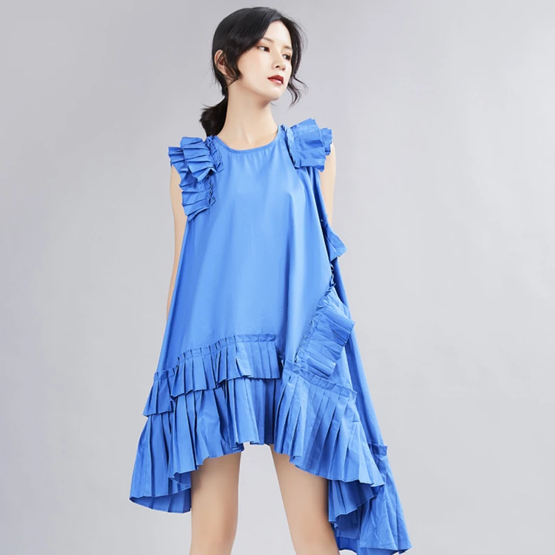 TWOTWINSTYLE Korean Solid Sleeveless Dress For Women O Neck Off Shoulder Oversized Ruffles Asymmetrical Dresses Female