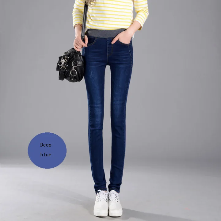 

2017 Women's Jeans New Warm Female Casual Elastic Waist Stretch Jeans Plus Size 38 Slim Denim Long Pencil Pants Lady Trousers