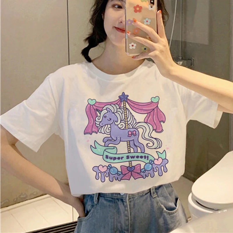 Футболка с единорогом Kawaii Женская Harajuku Ullzang забавная футболка героями