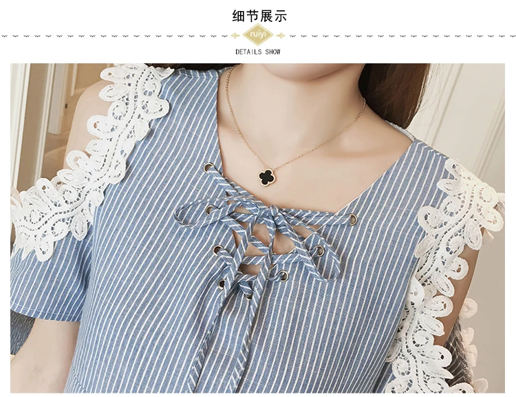 

2019 Summer Nursing Dress Breastfeeding Clothes For Pregnant Women Korean Lace Blue Cotton Striped Maternity Dresses