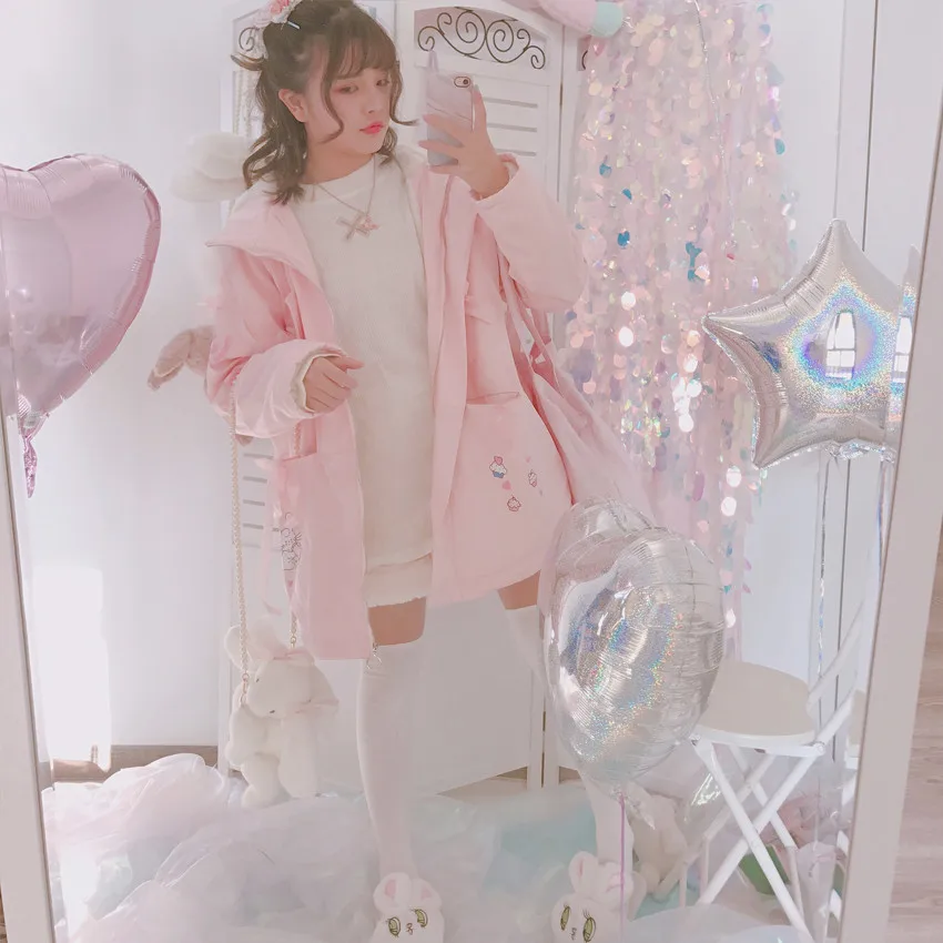 Kawaii зимняя женская толстовка розовая утепленная парка пальто с длинным рукавом Искусственный мех шапка кролик мультфильм узор Лолита Верхняя одежда Куртка