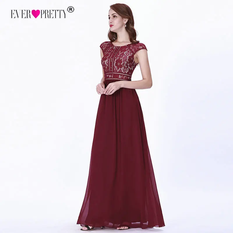 Бордовые Вечерние платья Длинные Ever Pretty EZ07718 Для женщин шифоновое платье трапециевидной формы без рукавов Кружевное платье с круглым вырезом вечернее пикантное вечернее платье