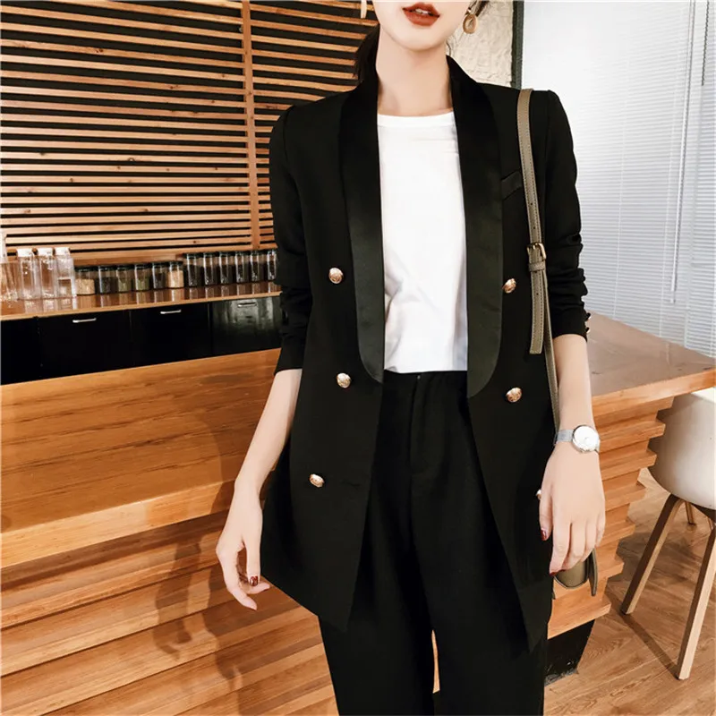 

2019 New Fashion Black Blazer Ladies Double-breasted Long Section Slim Fit Suit Jacket Korean Office Ladies Workwear Coat f1076