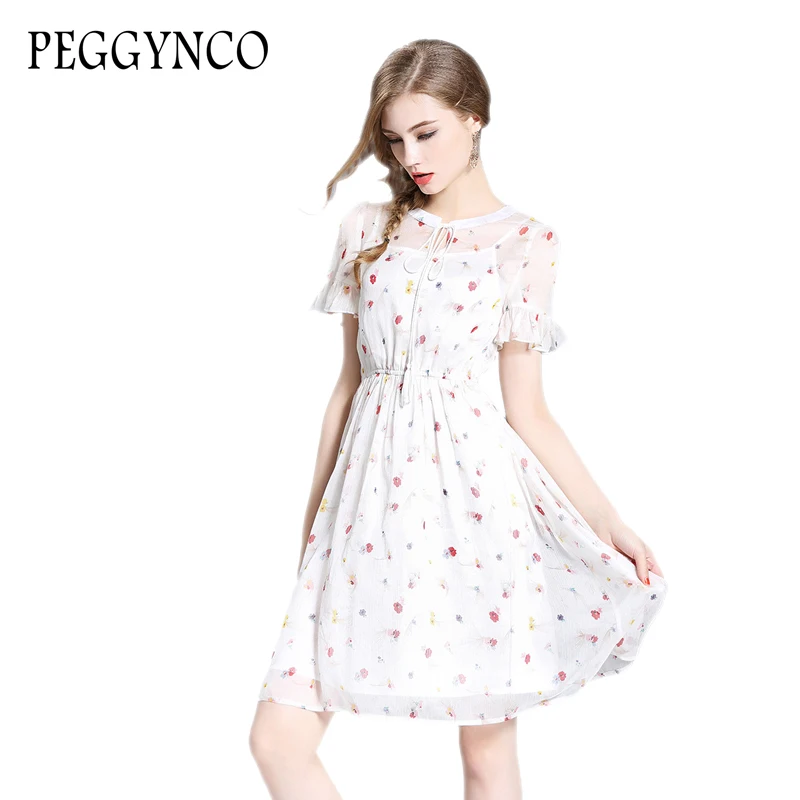 PEGGYNCO 2017 Для женщин белое платье Лето Цветочный Принт Свободные короткий рукав