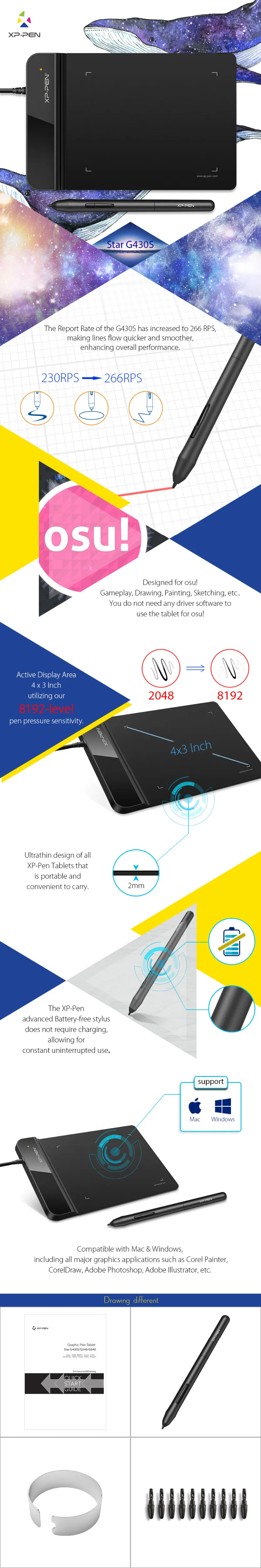 Графический Планшет для рисования XP Pen G430S 4x3 дюймовый Ультратонкий Планшет для ОГУ с без Батареи стилус дизайн! геймплей