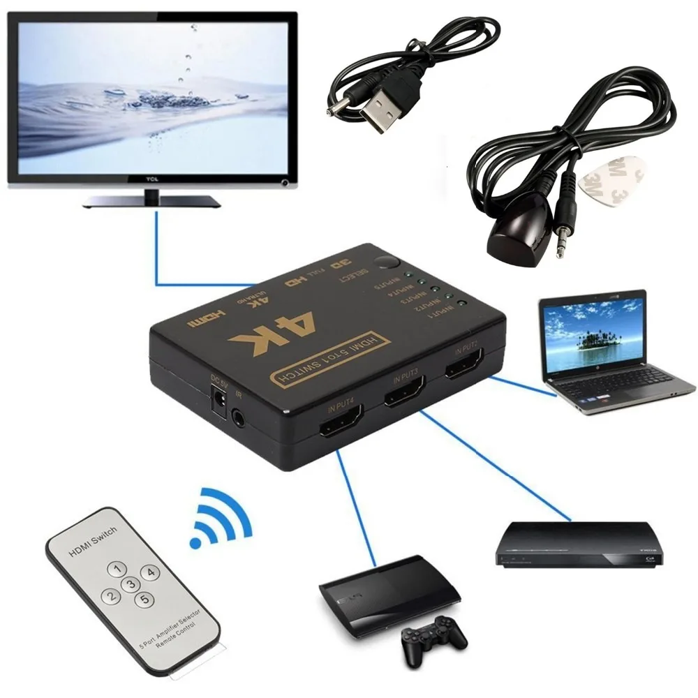 5 In1Mini совместимому с HDMI переключатель 3in1 4KX2K HD1080P сплиттер концентратор ИК пульт