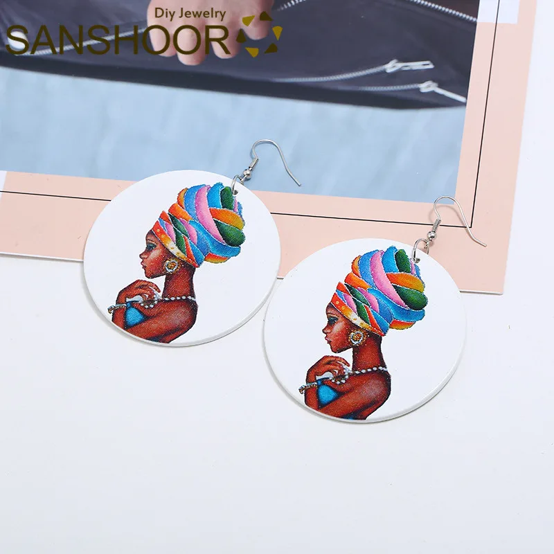 SANSHOOR/оптовая продажа африканские деревянные висячие серьги с принтом Черная