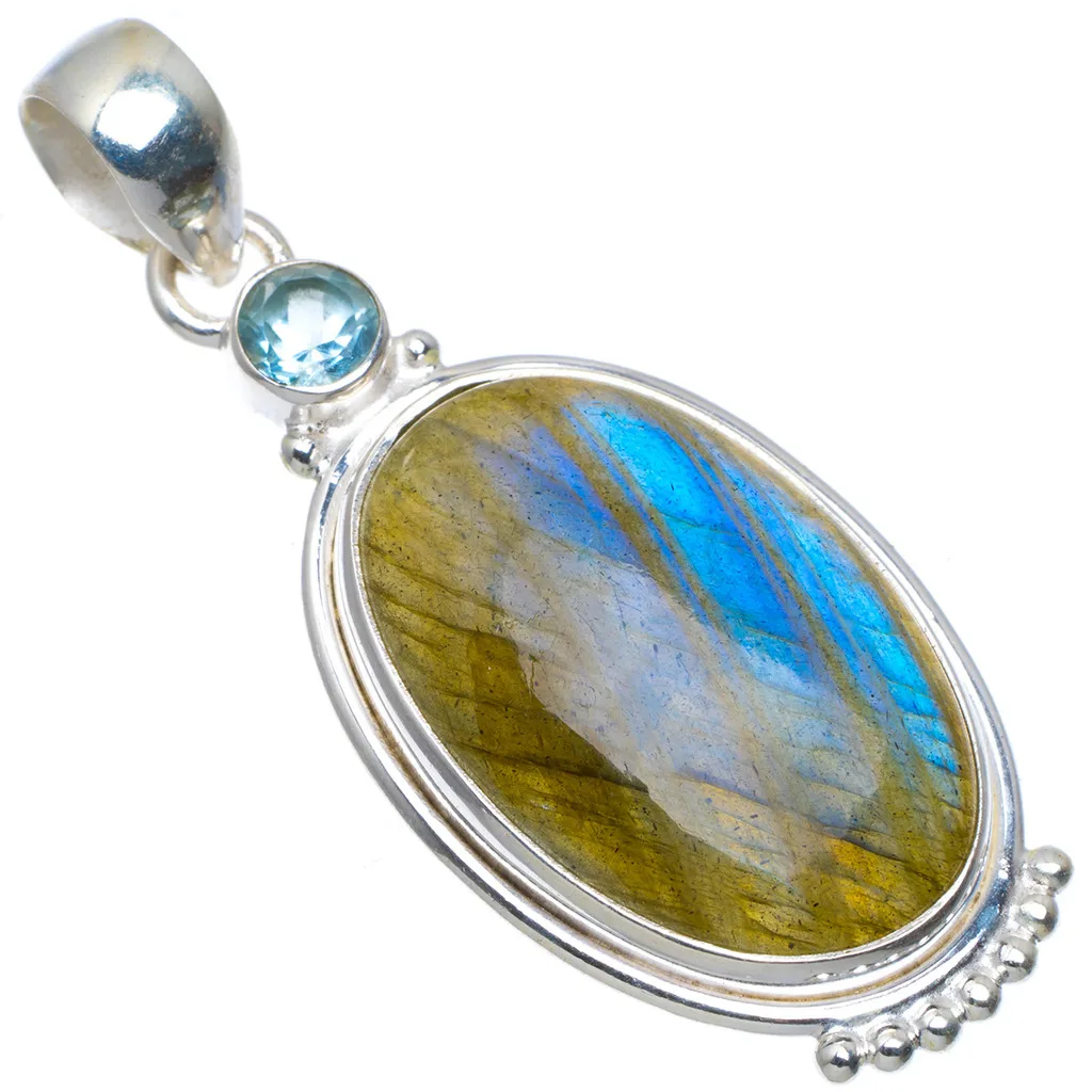 Натуральный голубой огненный Лабрадорит и топаз уникальная серебряная подвеска