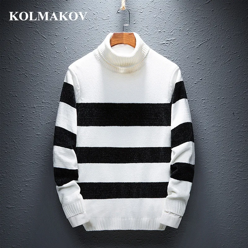 KOLMAKOV New 2022 Men's Clothing Sweaters Turtleneck Thick Sweater Knitting Pullovers Homme High Quality Striped Men 3XL | Мужская