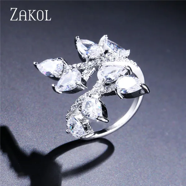 White ZAKOL классические открытые кольца с кристаллами циркония в форме листа для женщин Свадебные украшения оптом FSRP2024 - Цвет основного камня: White