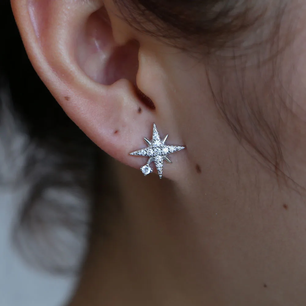 100% 925 sterling silver delicate jewelry starburst stud pave clear CZ cubic zirconia dainty Christmas gift star lovely earring | Украшения