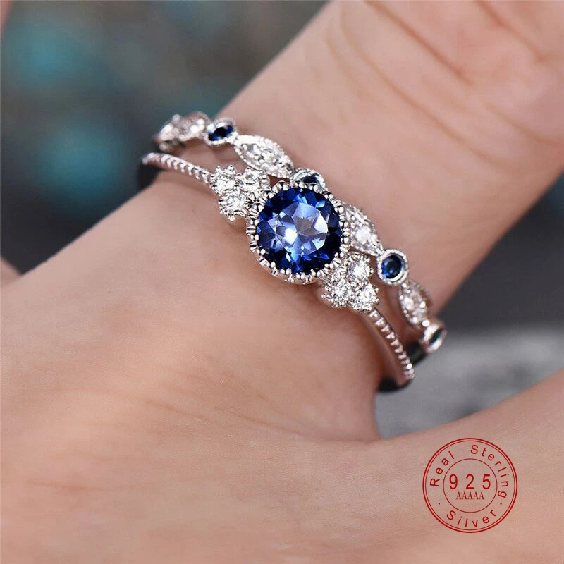 925 Silver Color Women Wedding Ring Set Sparkling Perfect Blue Round Cut Zircon Stone Rings Female Party Engagement Fine Jewelry