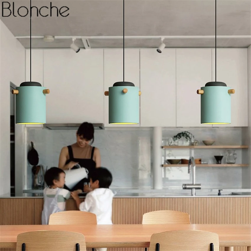 Nordic Wood Iron Pendant Lights Macaron Lampshade Led Hanging Lamp Industrial Decor Home Fixtures Kitchen Bar Lighting Luminaire | Лампы и