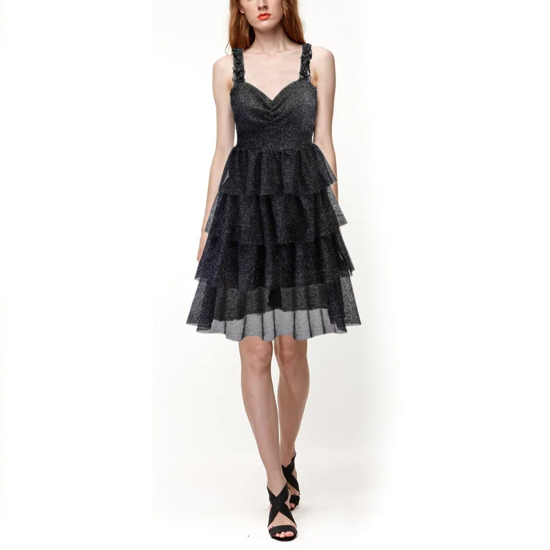 2019 women Sparkly Black Cascading A line Dress elegant Glitter Sleeveless Pleated Party for ladies | Женская одежда