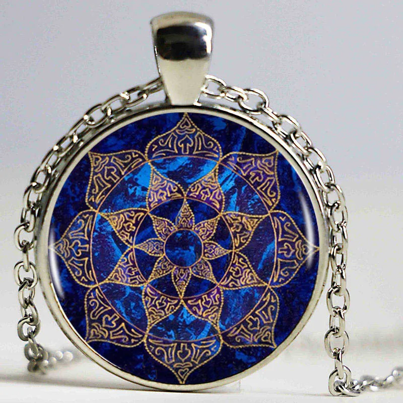 Космический синий Мандала Лотос с логотипом ожерелья подвесками в форме сердца