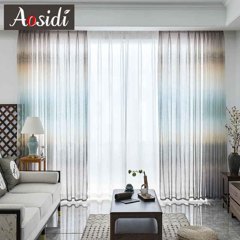Brown tulle curtains AOSIDI, современные льняные тюлевые шторы для гостиной, спальни, на окно, Радужный градиент, в полоску, отвесные шторы, драп, 3D - Цвет: Brown tulle curtains