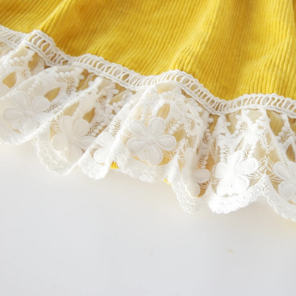 MyLittleOne 2019 Fall Kids Frock Designs Sweet Yellow Lace Corduroy Baby Girl dress | Детская одежда и обувь