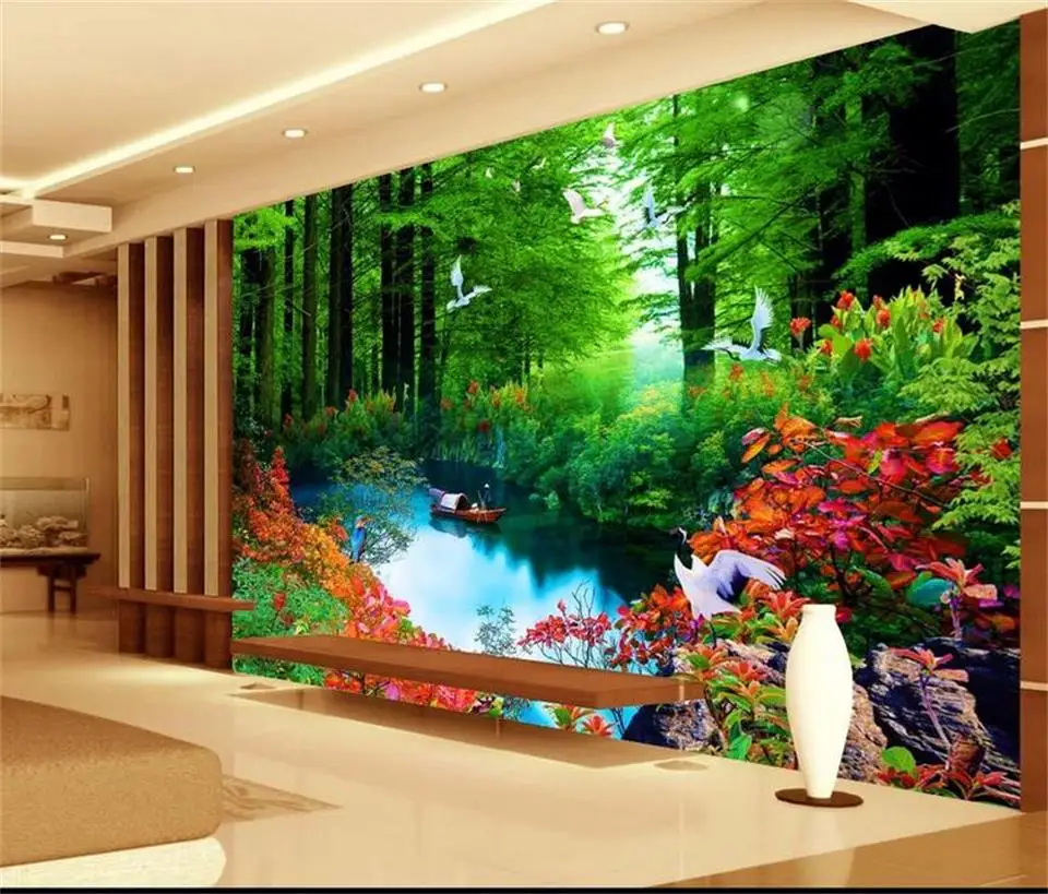 Пользовательские 3d фото обои Гостиная росписи пейзаж лес река картина Диван ТВ
