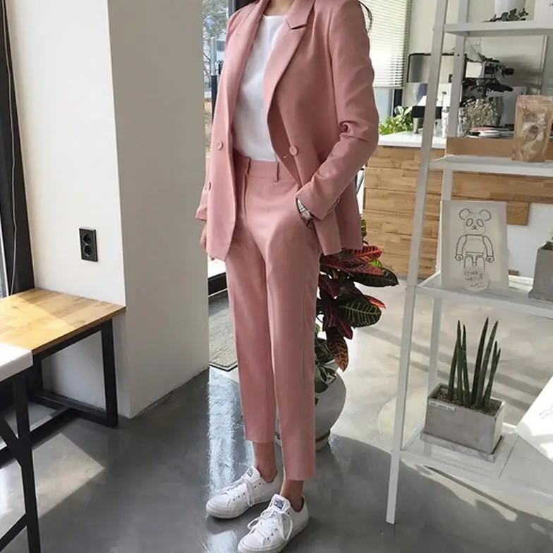 pink set outfit Осенняя розовая одежда весенний Элегантный комплект из двух предметов женский Блейзер Куртка+ брюки с застежкой на пуговице брюки-карандаш костюм женский Рабочий костюм - Цвет: pink set outfit