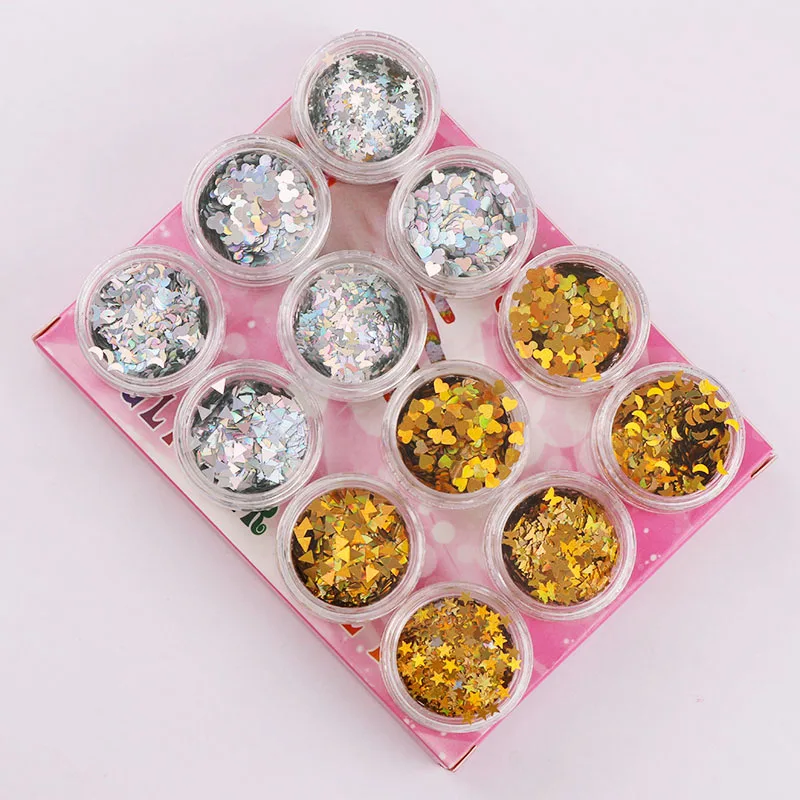 

12 pcs/Box Laser Nail Sequins Star Moon Sparkles Gold Silver Nail Art 3D Glitter Palette Gel Polish Nail Art Decoration