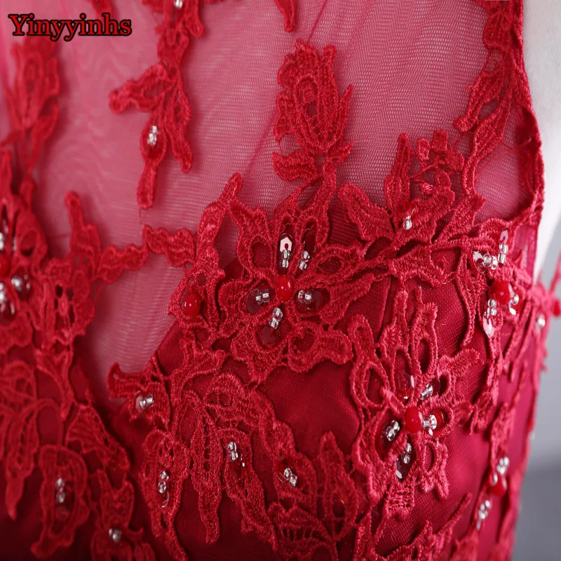

Elegant Lace Sheer Red Evening Dresses Plus Size Tulle Appliques Long Formal Dresses Gowns O Neck Sleeveless Robe De Soiree CG22