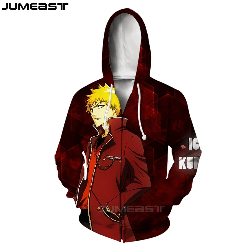 Jumeast бренд для мужчин/для женщин 3D печатных мультфильм Аниме Bleach куртка с длинными рукавами спортивный пуловер модные кепки капюшоном толстовки на молни