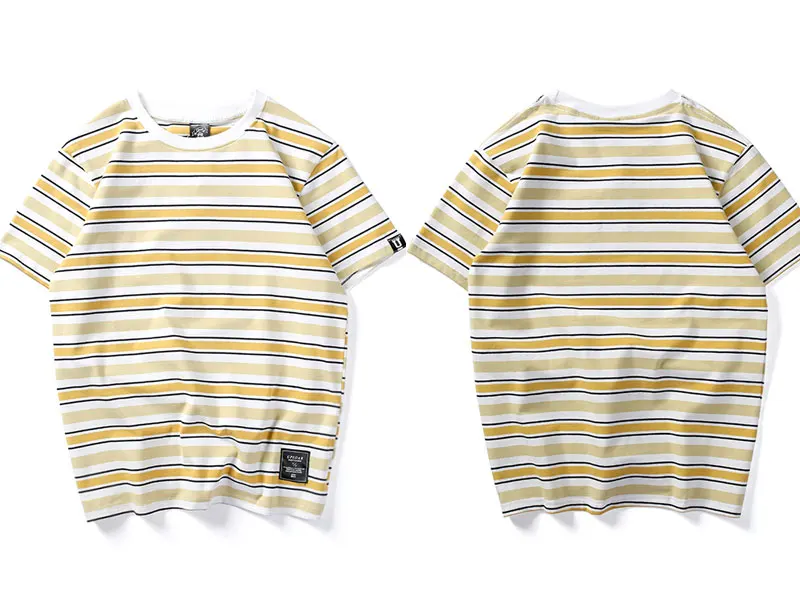 Yellow GONTHWID Harajuku полосатые футболки мужские/женские хип-хоп повседневные хлопковые топы с коротким рукавом летние модные футболки черные красные розовые - Цвет: Yellow