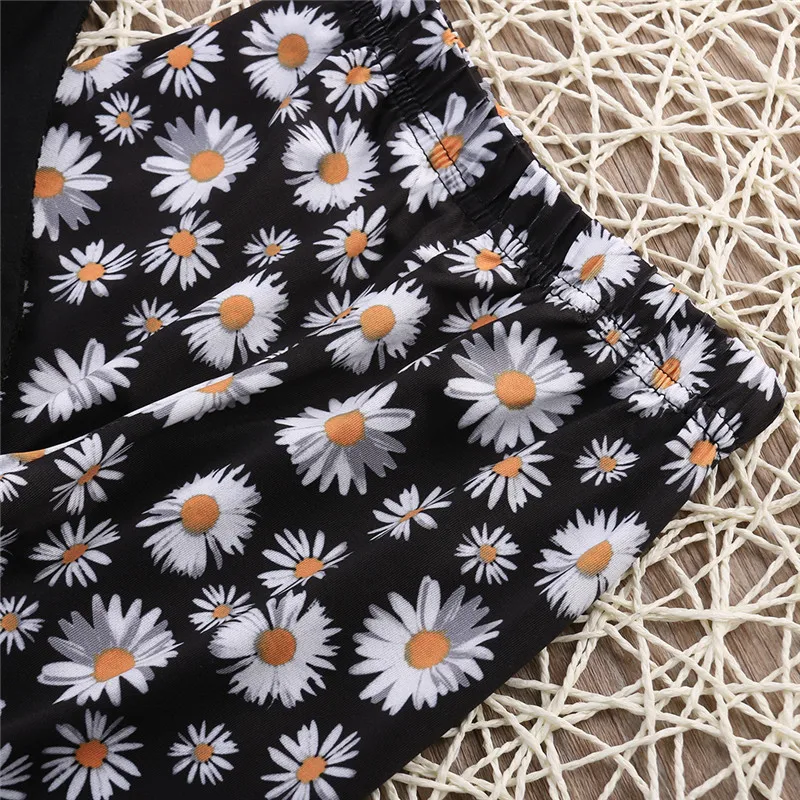 Комплекты детской одежды для девочек в цветочек черные топы с коротким рукавом