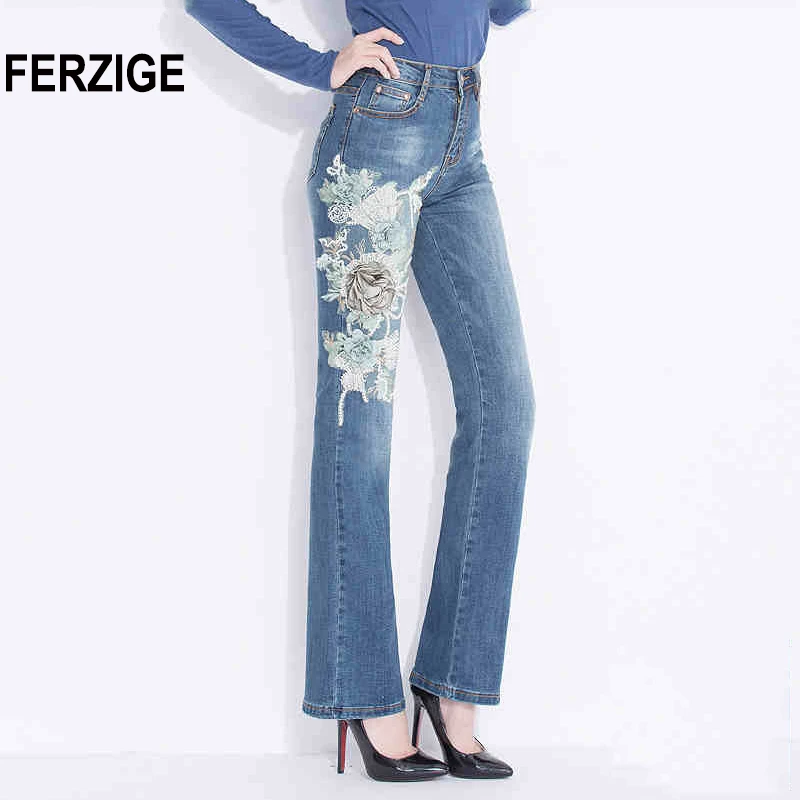FERZIGE Womens Jeans Spring High Waist Embroidery Retro Applique Bell Bottoms Slim Stretch Female Trousers Push Up Large Size 36 |