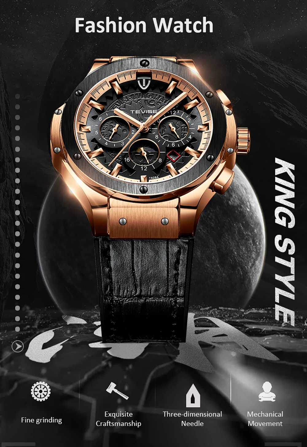 Мужские механические часы TEVISE деловые мужские автоматические с отображением