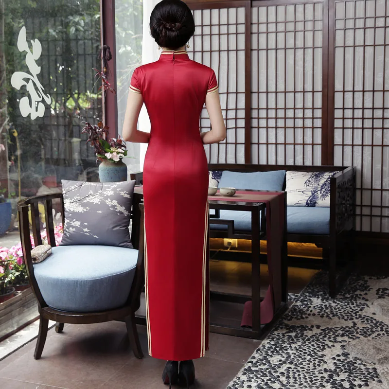 Темно красный новый Mxai Cheongsam винтажный китайский стиль длинное вечернее платье