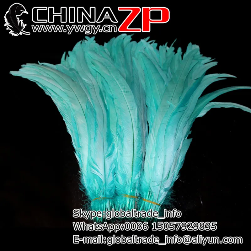 

CHINAZP Factory Wholesale 100pieces/lot 30~35cm(12~14inch) Top Quality Dyed Turquoise Rooster Tail Chicken Feathers